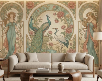 Papel pintado Art Nouveau con pavo real, mural floral de grullas y decoración de pared autoadhesiva.
