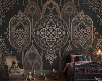 Gothic Floral Skull Mural Dark Cathedral Peel Stick Wallpaper Non Woven Vinyl Removable Wall Decor