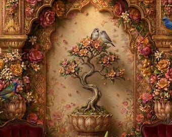 Papier peint floral indien, décoration murale moghole vintage, papier peint botanique maximaliste, déco murale imperméable