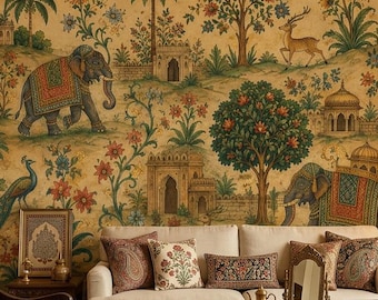 Papel de parede autoadesivo com elefante indiano, mural de parede em tecido não tecido com estampa de jardim Mughal, decoração de parede em vinil com pavão.