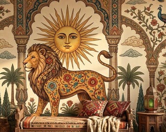 Indiase leeuw behang, vintage peel and stick mughal muurschildering, traditioneel bloemenbehang, pauw verwijderbaar muurdecor waterdicht