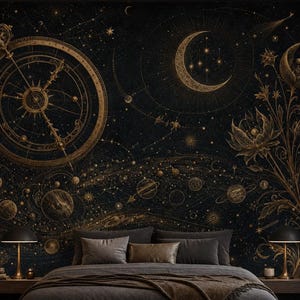 May include: A bedroom featuring a large wall mural with gold celestial illustrations of a compass, crescent moon, planets, and floral motifs on a black background. The bed has dark grey bedding, two lamps on side tables, and a wooden bench.