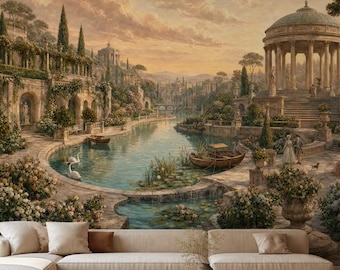 Carta da parati con giardino classico, murale con palazzo mediterraneo, decorazione murale di lusso autoadesiva, elegante arte paesaggistica da parete