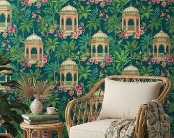 Floral Mughal Abnehmbare indische Tapete, Green Peel Stick Palace Botanisches Wandbild