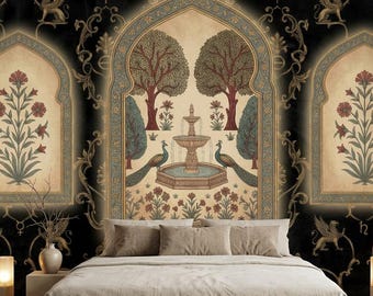 Gothic Mughal Wall Mural Indian Peacock Wall Paper Peel Stick Dark Floral Removable Wallpaper