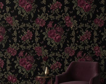 Dark Botanical Wallpaper Gothic Floral Peel and Stick Mural Non Woven Vinyl