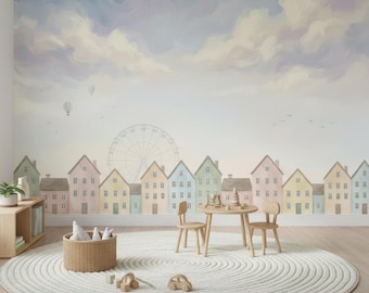Papel pintado para habitación infantil en tonos pastel, mural de ciudad autoadhesivo de vinilo no tejido.
