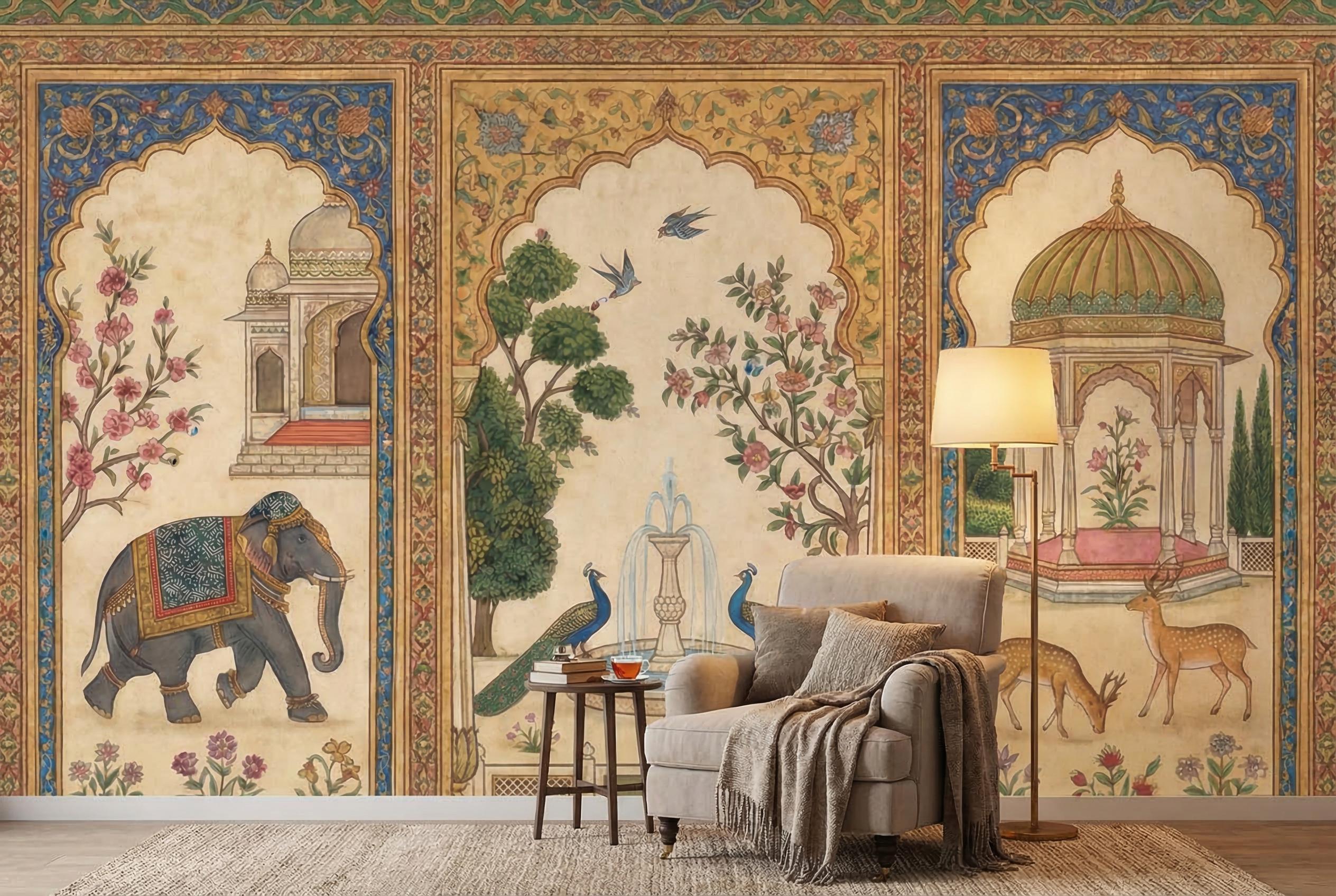 Indian Peacock Mughal Wallpaper Palace Garden Elephant Peel and Stick ...