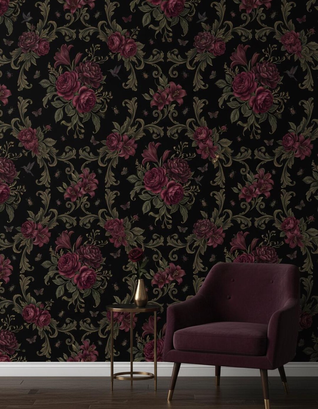Dark Botanical Wallpaper Gothic Floral Peel and Stick Mural Non Woven ...