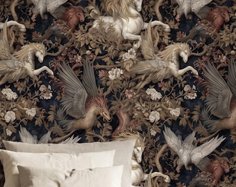 Fantasy Horse Wall Mural Peel and Stick Mythical Wallpaper Dark Non Woven Wall Paper