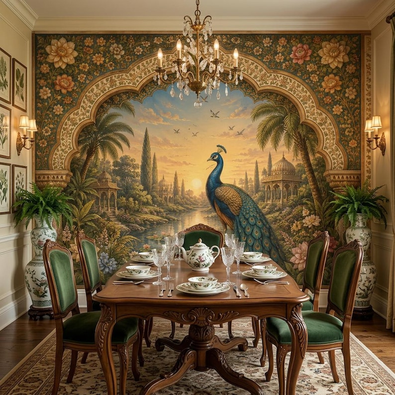  Botanical Peacock Wallpaper, Floral Garden Indian Arch Wall Mural Illustration 