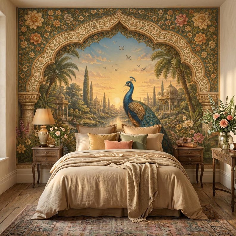  Botanical Peacock Wallpaper, Floral Garden Indian Arch Wall Mural Bildidee 