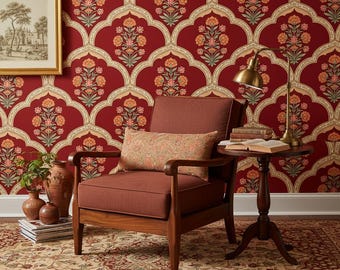 Indian Floral Wall Mural, Vintage Peel Stick Mughal Wallpaper