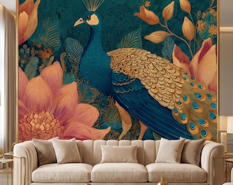 Gold Peacock Chinoiserie Wall Mural, Floral Bird Wallpaper, Botanical Peel and Stick Wall Decor
