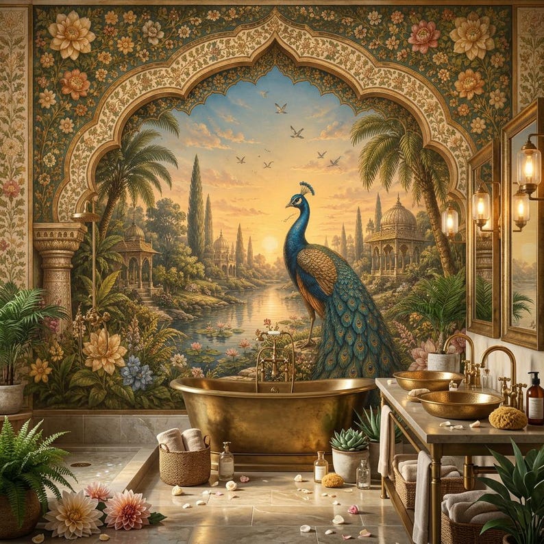 Botanical Peacock Wallpaper, Floral Garden Indian Arch Wall Mural Illustration 