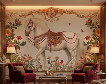 Papel pintado tradicional de caballos, autoadhesivo, decoración de pared vintage floral india mogol, arte de pared con animales