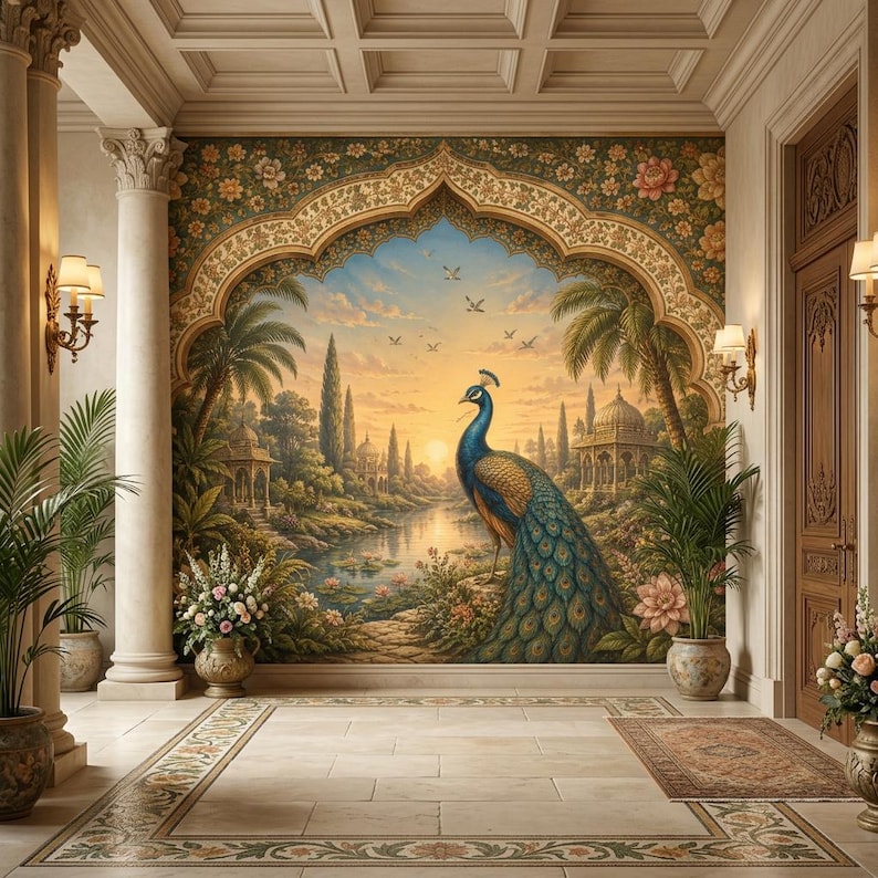  Botanical Peacock Wallpaper, Floral Garden Indian Arch Wall Mural 