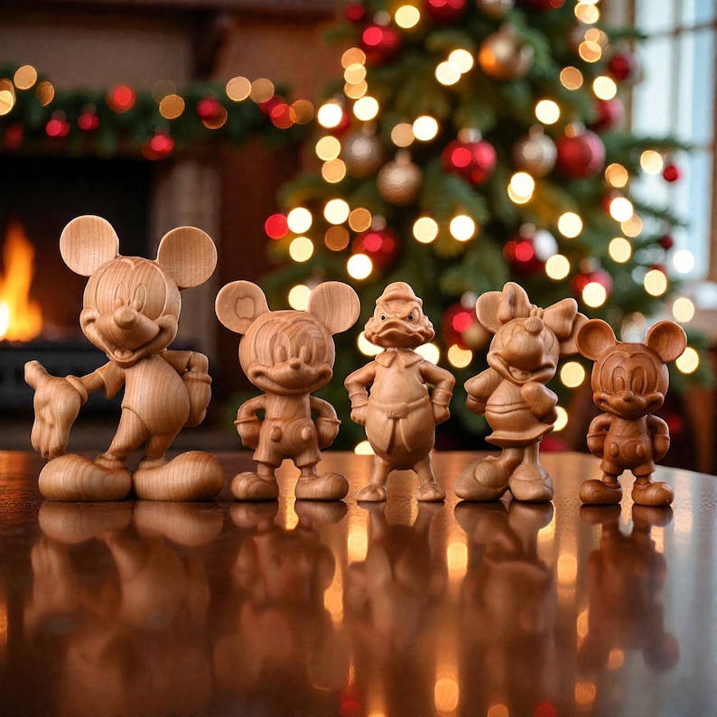 May include: A collection of five wooden Disney character figurines, including Mickey Mouse, Minnie Mouse, and Donald Duck, are displayed on a reflective surface. The figurines are carved from light-colored wood and stand in front of a Christmas tree with red and gold ornaments.