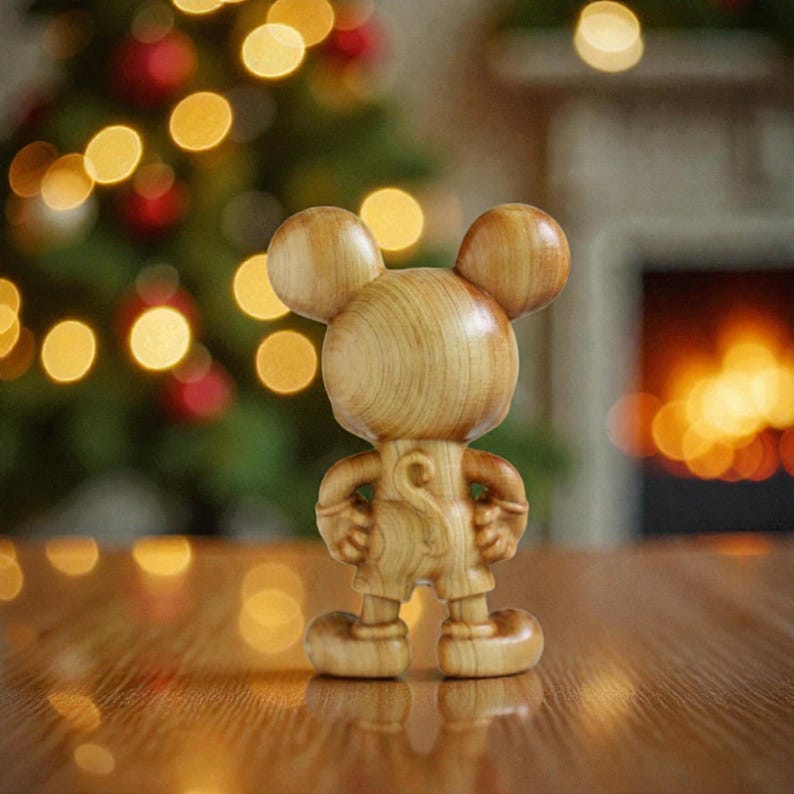 May include: A wooden Mickey Mouse figurine with large round ears, shorts, and a detailed carved design. The figurine is standing on a wooden surface, with a blurred background of Christmas lights and a fireplace.