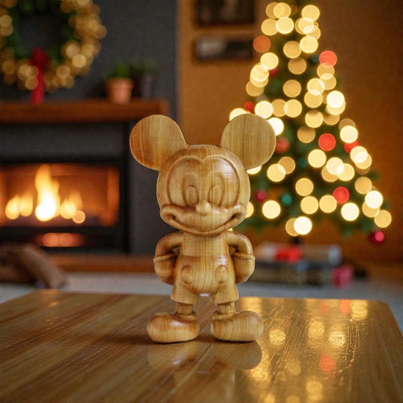May include: A wooden Mickey Mouse figurine with a smiling expression, standing with hands on hips. The figure is light brown with visible wood grain. The background includes a fireplace, Christmas tree, and a wreath.