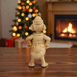 May include: A wooden figurine of a character with a hat and a long tail, standing with hands on hips. The figurine is light brown and stands on a wooden surface. A Christmas tree and fireplace are in the background.