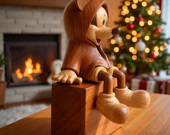 Walnut Wood Mickey Mouse Sitting Figurine, Handmade Wooden