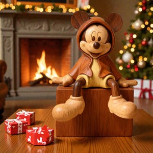 Pu&ograve; includere: Una statuina di Topolino in legno con un mantello con cappuccio marrone, seduta su un blocco di legno. La statuina ha grandi orecchie e sorride. Scatole regalo rosse con nastro bianco sono sul tavolo. Un albero di Natale e un camino sono sullo sfondo.