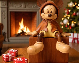 Walnut Wood Mickey Mouse Sitting Figurine, Handmade Wooden Collectible Home Decor Gift