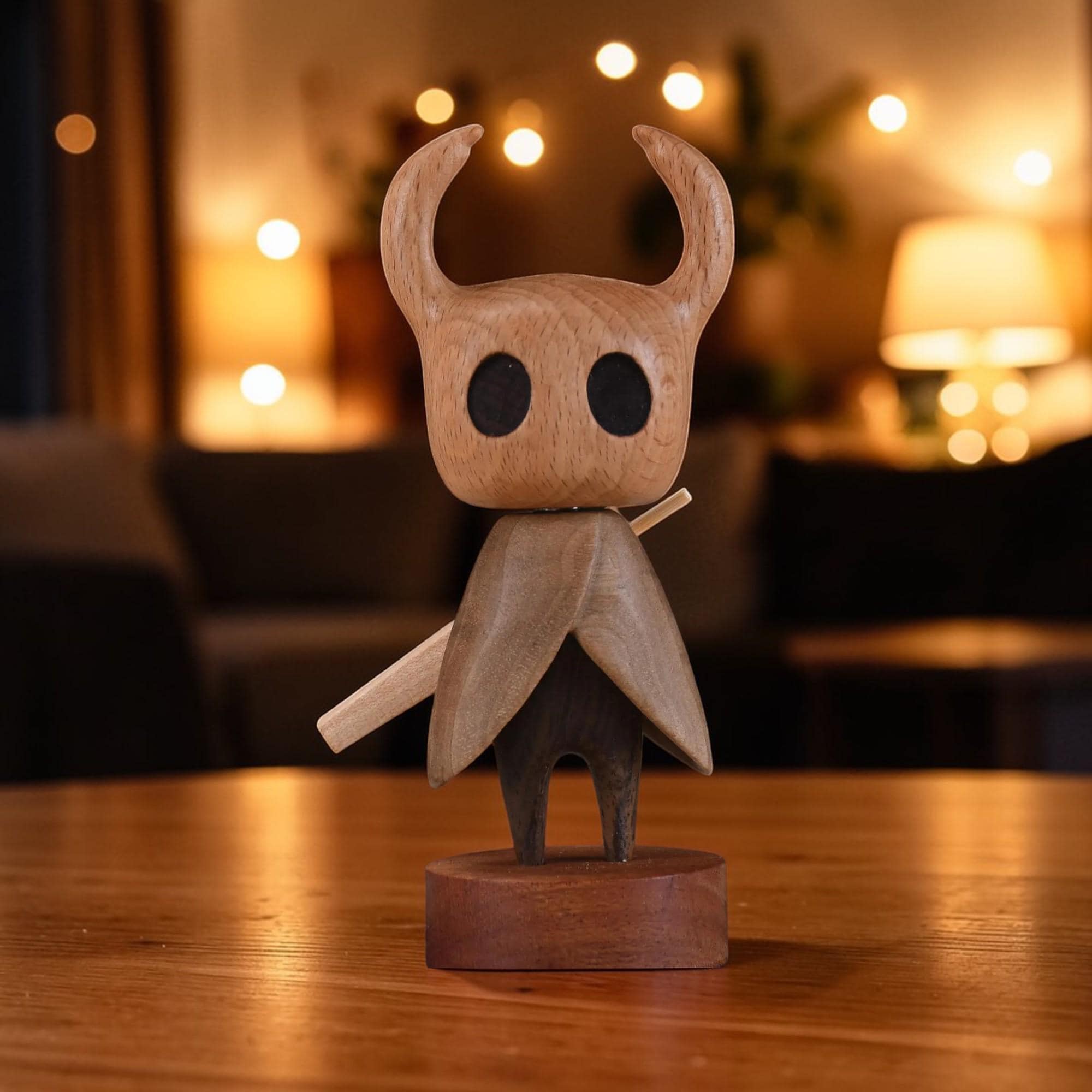 Wooden Hollow Knight Figurine - Minimalist Natural Wood Sculpture