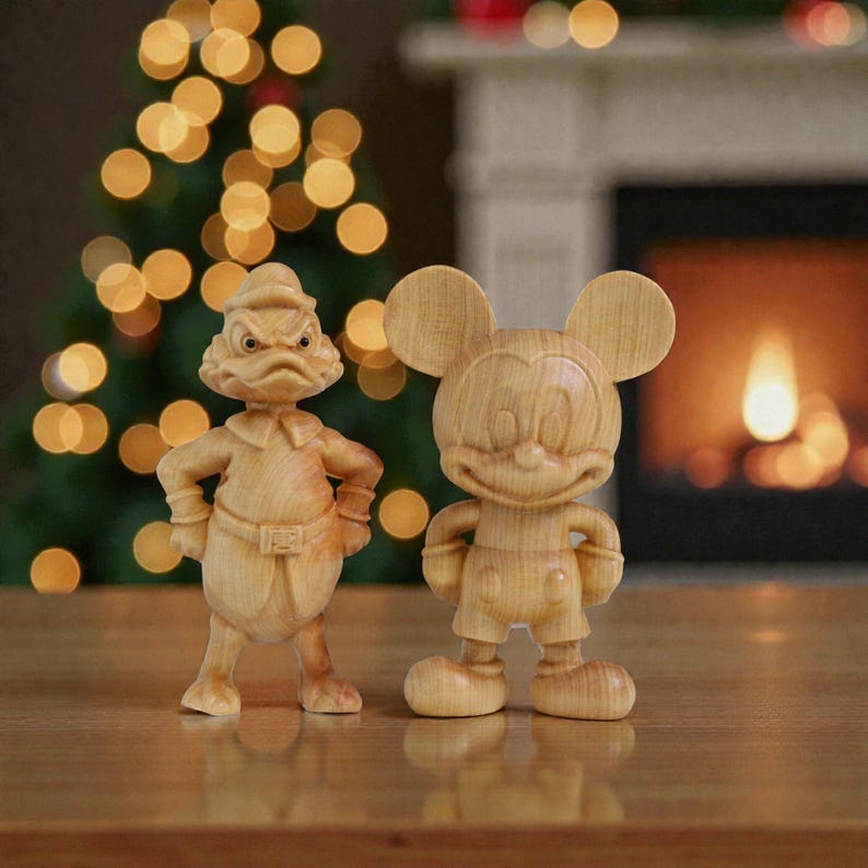 May include: Two wooden figurines of cartoon characters, one resembling Donald Duck and the other Mickey Mouse, stand side-by-side. The figures are carved from light-colored wood and are posed with their hands on their hips. The background includes a blurred Christmas tree and a fireplace.