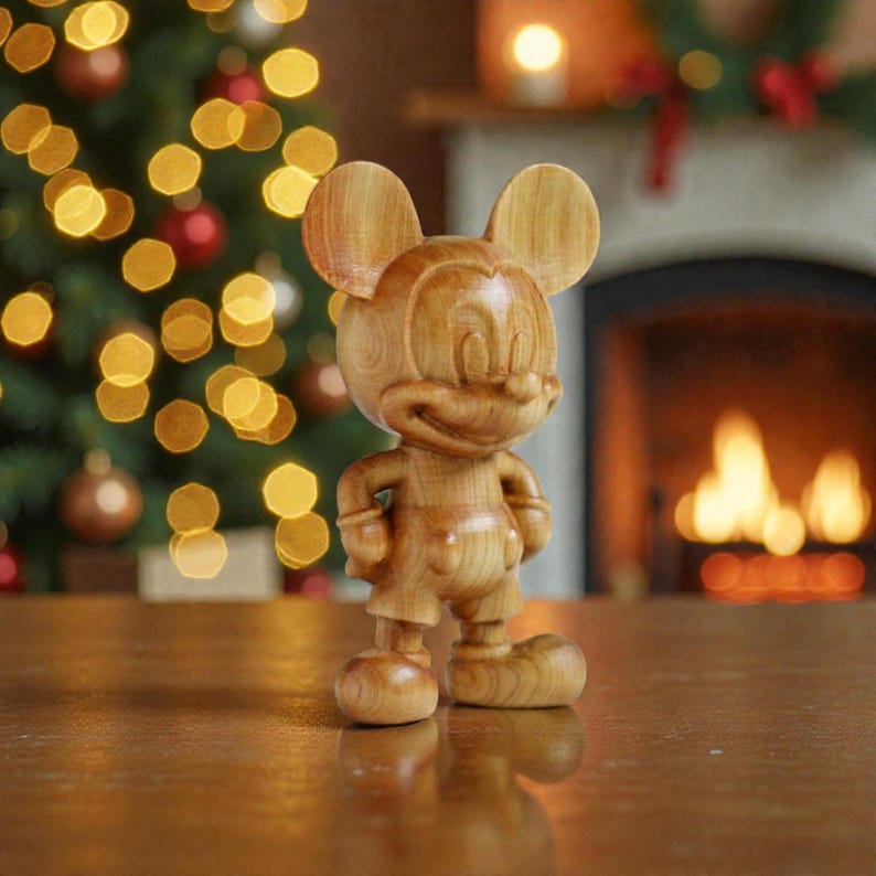 May include: A wooden Mickey Mouse figurine stands on a wooden surface, with a Christmas tree and fireplace in the background. The figurine is carved from light-colored wood, with visible grain, and features Mickey's iconic ears and smiling face.