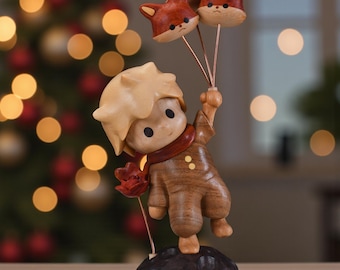 Little Prince Inspired Wooden Figurine with Fox Balloons, Handcrafted Storybook Home Desk Decor