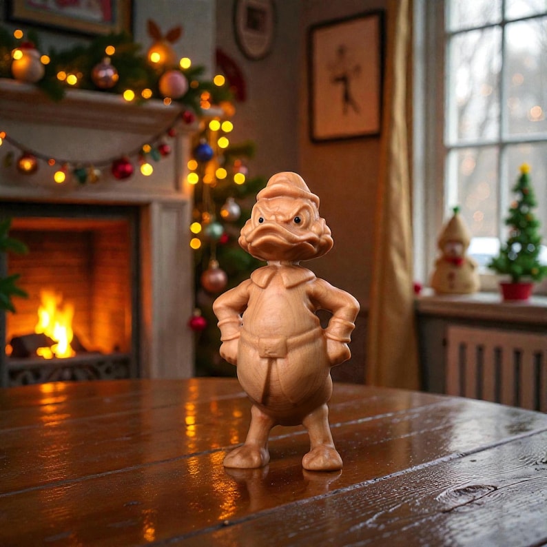 May include: A wooden figurine of an angry duck with a hat and a stern expression, standing on a wooden table. The duck is light brown and has its hands on its hips. The background includes a fireplace, Christmas decorations, and a window.