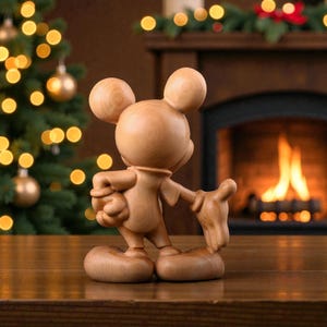 May include: A wooden Mickey Mouse figurine with large ears, a round body, and outstretched arms. The figurine is light brown and stands on a wooden surface. A Christmas tree with golden ornaments and a fireplace with a burning fire are in the background.