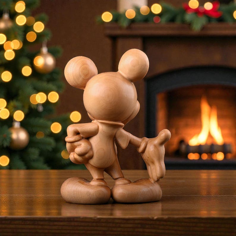 May include: A wooden Mickey Mouse figurine with large ears, a round body, and outstretched arms. The figurine is light brown and stands on a wooden surface. A Christmas tree with golden ornaments and a fireplace with a burning fire are in the background.