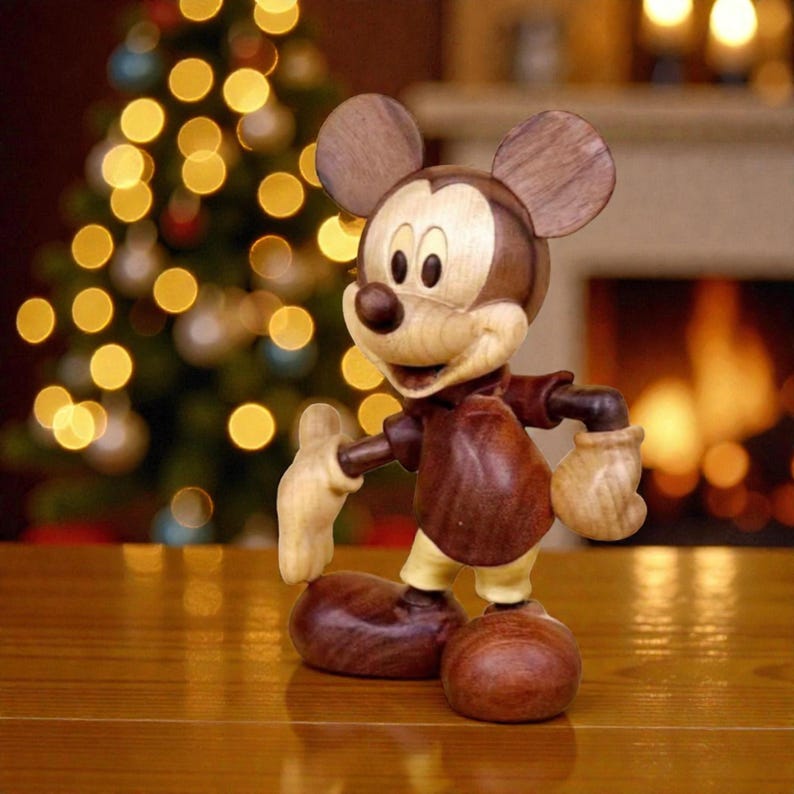 May include: A wooden Mickey Mouse figurine with a light brown face and ears, a dark brown body, and light-colored gloves and shoes. The figure is posed on a wooden surface, with a blurred Christmas tree and fireplace in the background.