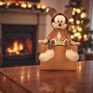 Pu&ograve; includere: Statuetta in legno di Topolino con giacca con cappuccio marrone e scarpe beige. La statuetta &egrave; seduta su un blocco di legno. Lo sfondo include un camino e un albero di Natale con luci.