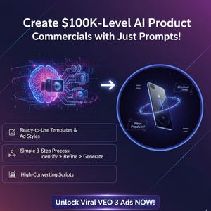 Könnte beinhalten: Eine digitale Grafik, die KI-Produktwerbung bewirbt. Das Bild zeigt ein Gehirn mit Kameras, ein Smartphone und Text mit der Aufschrift "Create $100K-Level AI Product Commercials with Just Prompts!" und "Unlock Viral VEO 3 Ads NOW!"