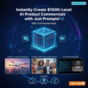 May include: Digital download graphic promoting AI product commercials. The image features a glowing blue cube with code, surrounded by icons and examples. Text reads "Instantly Create $100K-Level AI Product Commercials with Just Prompts!" and "VEO 3 AI Prompt Pack."
