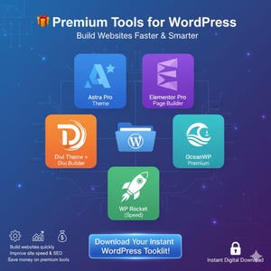 Può includere: Una pubblicità per strumenti WordPress. L'immagine presenta i loghi di Astra Pro Theme, Elementor Pro Page Builder, Divi Theme + Divi Builder, OceanWP Premium e WP Rocket (Speed). Il testo recita "Premium Tools for WordPress" e "Download Your Instant WordPress Toolkit!"
