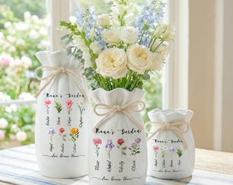 Benutzerdefinierte Geburt Blumenvase für Mama, personalisierte Keramikvase Muttertagsgeschenk, Muttertagsgeschenk von Enkelkinder Geburtstag, Muttertagsgeschenk