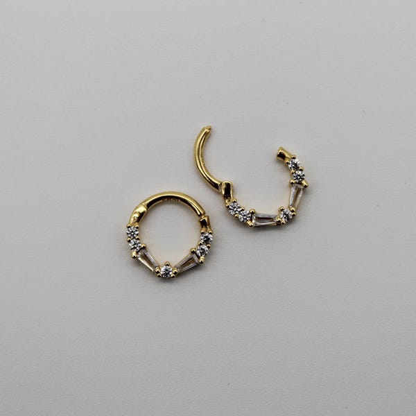 Piercing d'oreille Daith Baguette en or, septum, anneau de nez, boucle d'oreille, mini-créoles à cliquet 16 g, argent sterling 925, or 18 carats, cartilage, anneau d'hélix en oxyde de zirconium