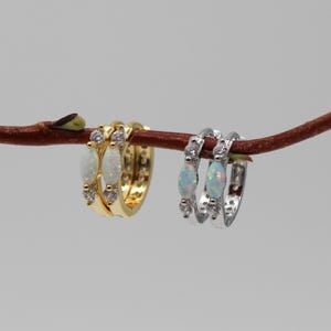 Könnte beinhalten: Zwei Paar Creolen, eines goldfarben und eines silberfarben, jeweils mit opalartigen Steinen und kleinen, klaren Kristallen besetzt. Die Ohrringe werden auf einem braunen Zweig präsentiert. Schmuck.
