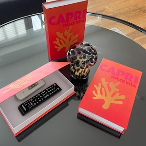 Peut inclure: Composition avec deux livres et une boîte avec le texte "CAPRI DOLCE VITA" en rose et orange. Un champignon décoratif en verre et deux télécommandes sont également présents. Les objets sont sur une surface réfléchissante.