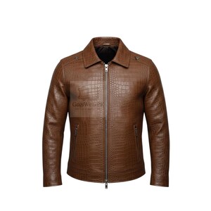 Braune Herrenlederjacke mit Krokoprägung - Slim Fit Biker-Oberbekleidung