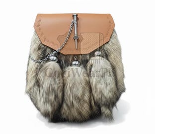 Sporran scozzese in pelliccia fatto a mano – Marsupio in pelle per kilt con nappe e catena, accessorio per cintura