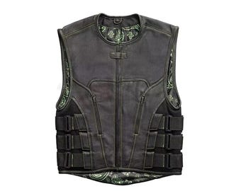 Gilet sans manches en cuir de vachette noir : style motard SWAT pour hommes avec doublure cachemire