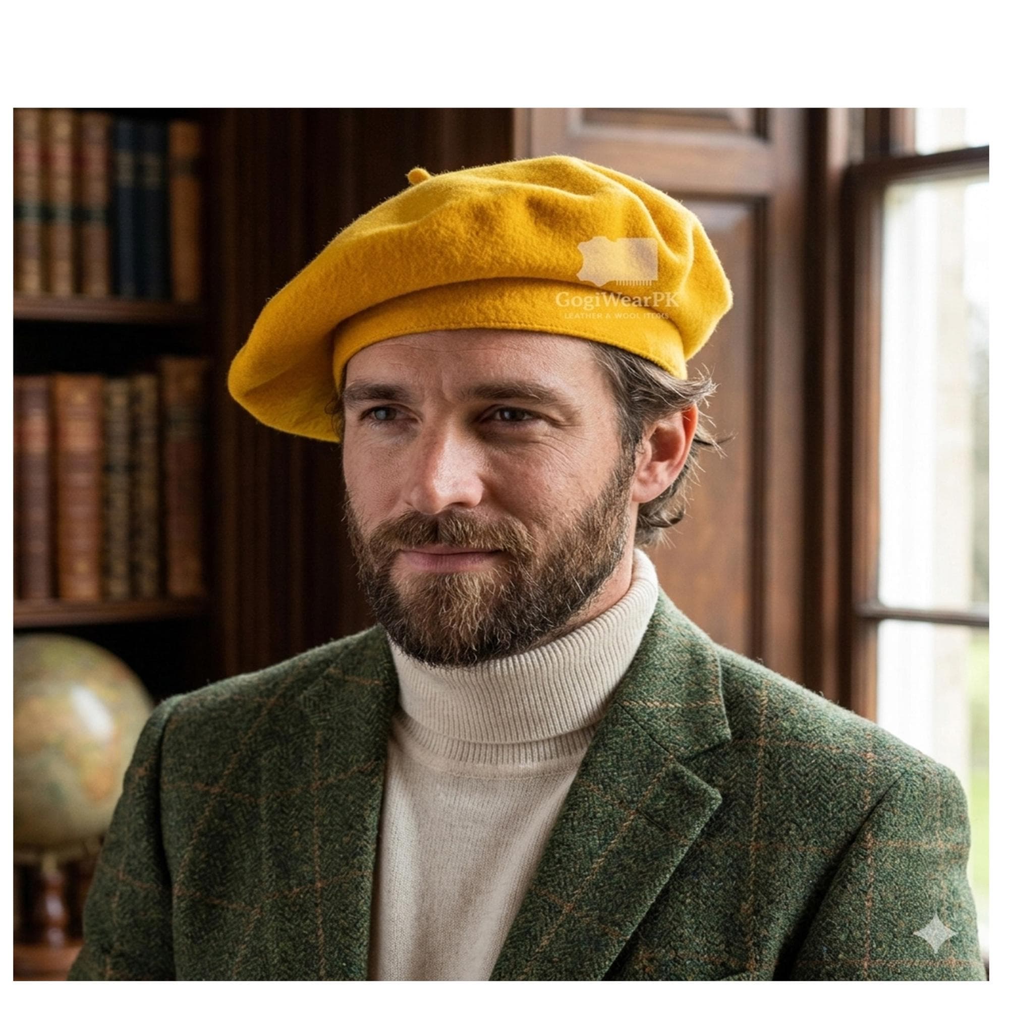 Men's Yellow Wool Beret Handmade Irish Military Style Cap