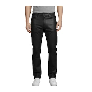 May include: Black, straight-leg pants with a subtle sheen. The pants have a classic five-pocket design and a button and zipper closure. The model is wearing white sneakers and a gray t-shirt.