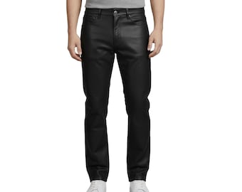 Men’s Black Genuine Cowhide Leather Biker Pants  Classic Jeans Style Trousers with Pockets